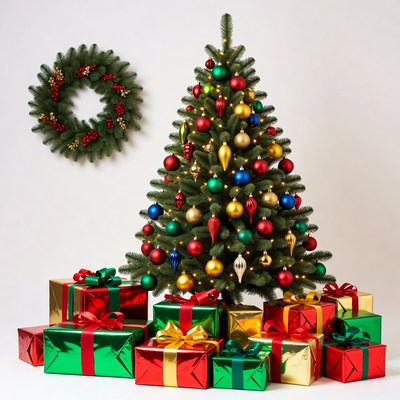 Christmas tree with wreath and gifts