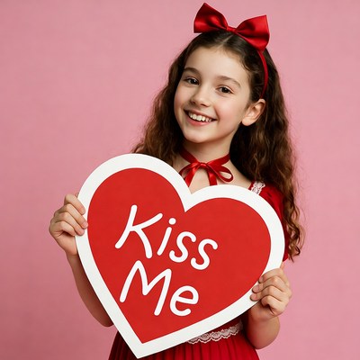 Girl holding Kiss Me heart sign