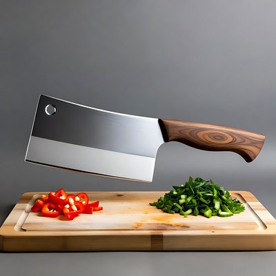 Cleaver Chopping Red Peppers Green Herbs