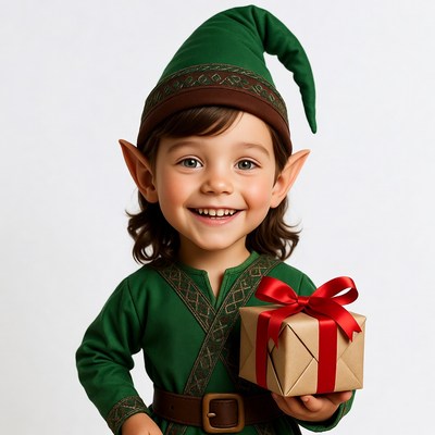 Toddler elf boy holding Christmas gift