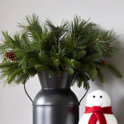 Christmas Pine Branches in Black Pitcher with Snowman