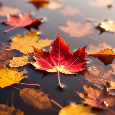 Red Maple Leaves Floating on Water