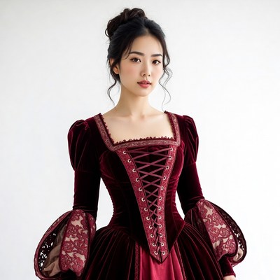 Asian woman in red velvet gown