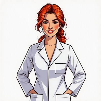 Redhead woman in white lab coat