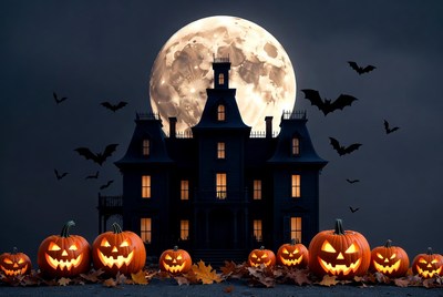 Haunted Mansion with Jack-o-Lanterns and Full Moon