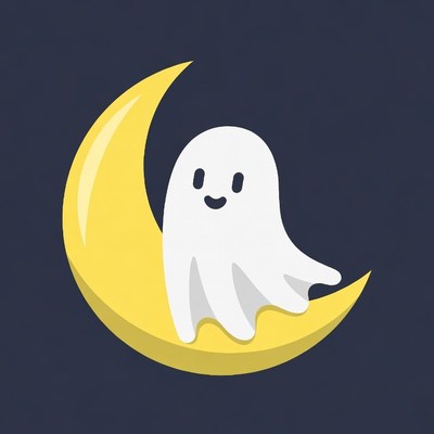Cute Ghost Sitting on Crescent Moon