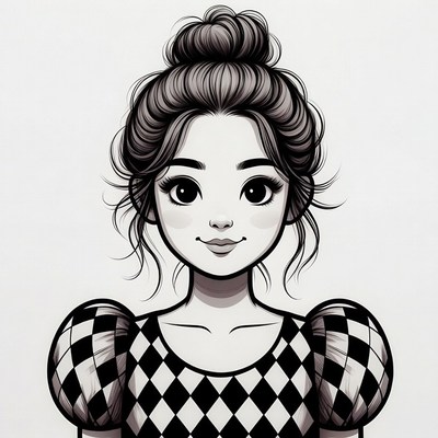Woman with bun hairstyle in checkered dress