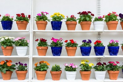 Colorful Flowers in Terracotta Pots on Shelves