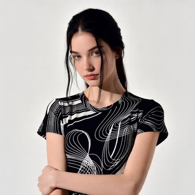 Woman with black wavy shirt arms crossed