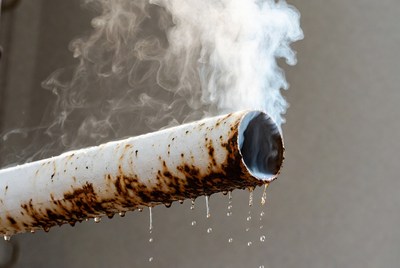 Rusty Pipe Emitting Steam and Dripping Water