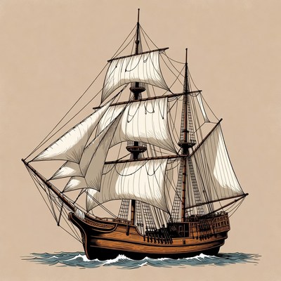 Sailing Ship on Waves Illustration