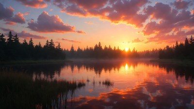 Sunset over misty lake with pine forest