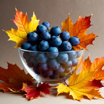Blue Grapes in Glass Bowl with Autumn Leaves