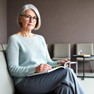 Elderly woman reading book in waiting room