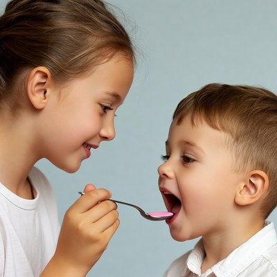 Girl feeding boy pink medicine