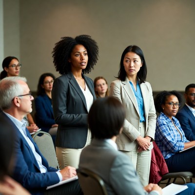 Diverse women standing at business conference