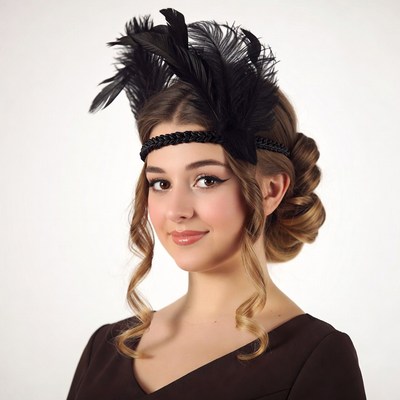 Young woman in black feather headband