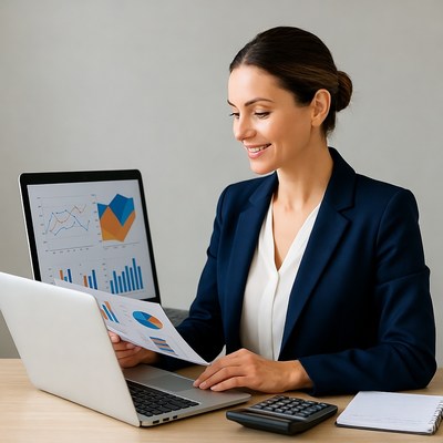 Businesswoman analyzing charts on laptop