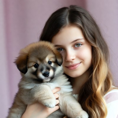 Girl holding cute puppy