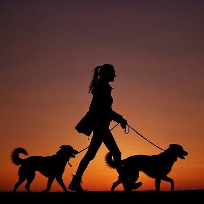 Woman walking two dogs silhouette sunset