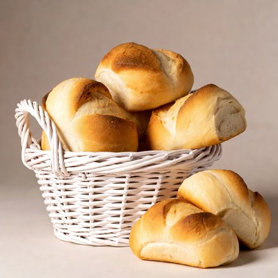 Fresh bread rolls in white basket
