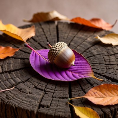 Acorn on Purple Leaf and Wood