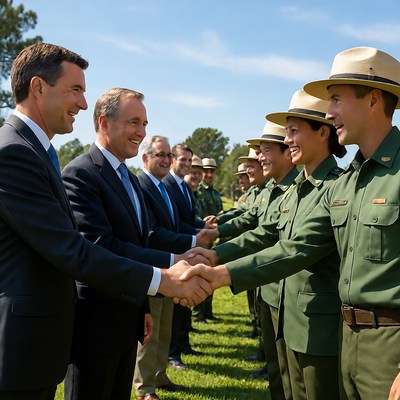Man shaking hands with park rangers