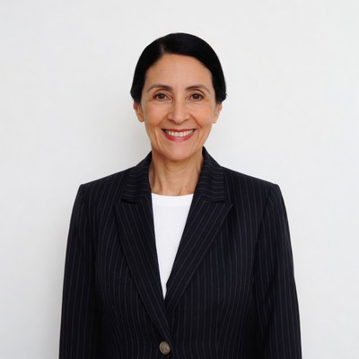 Smiling woman in pinstripe suit