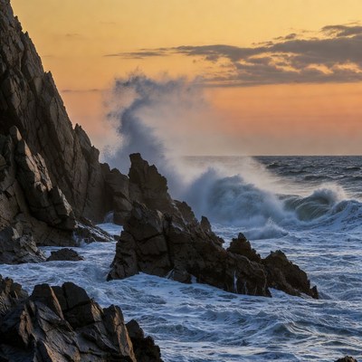 Ocean Waves Crashing on Rocks at Sunset