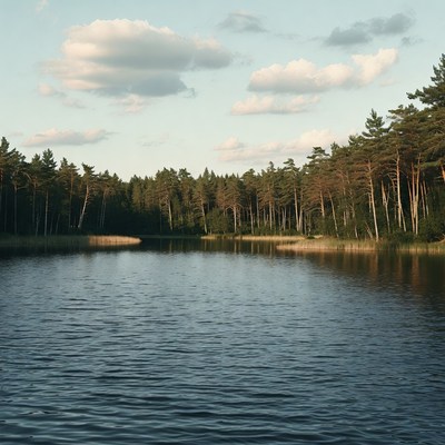 Pine Forest Surrounding Calm Lake