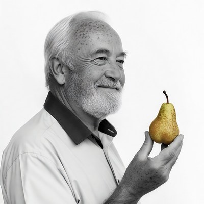 Elderly man holding pear