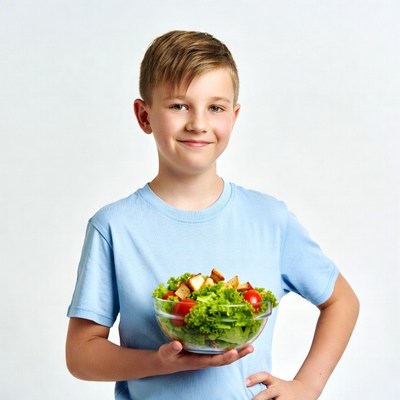 Boy holding fresh salad bowl
