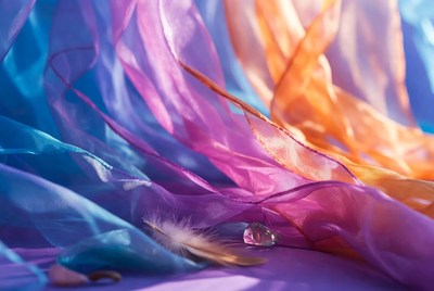 Colorful silk fabric with feather and crystal