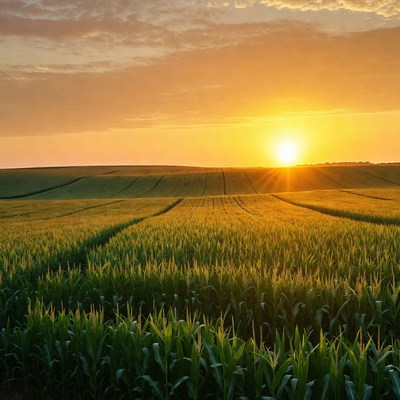 Sunset over corn fields