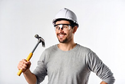 Man holding hammer with hard hat