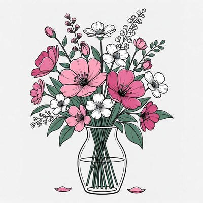 Pink and White Flowers in Glass Vase