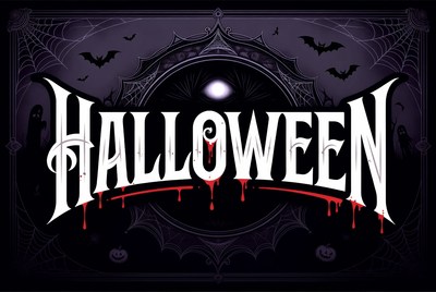 Gothic Halloween Text with Bats and Webs