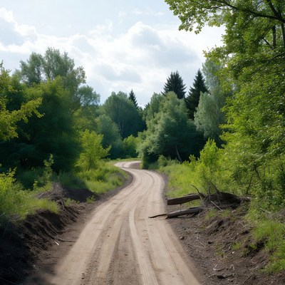Curvy dirt road through green forest