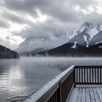 Wooden Pier Over Snowy Mountain Lake