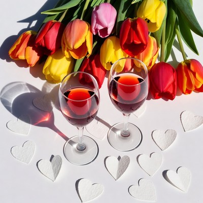 Red Wine Glasses with Tulips and Hearts