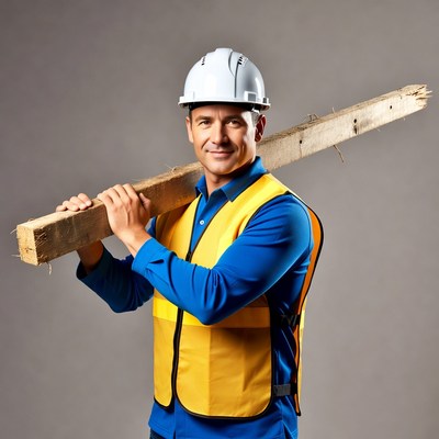 Man carrying wooden beam in hard hat
