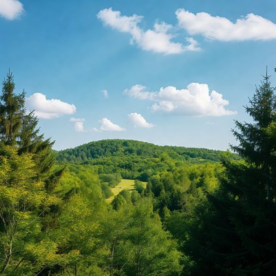 Green Forest Hill Under Blue Sky