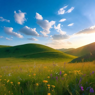 Green rolling hills with wildflowers