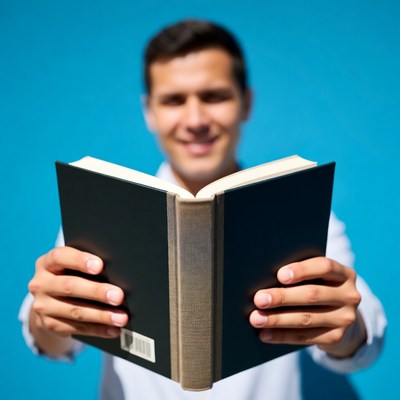 Man reading book on blue background