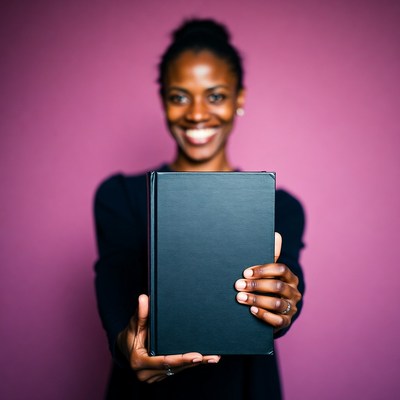 African-American woman holding black book