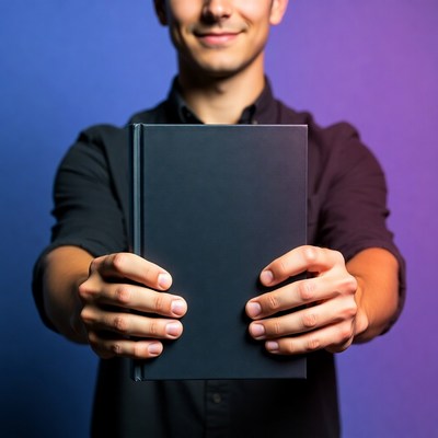 Man holding black book