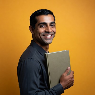 Indian man holding book on yellow background