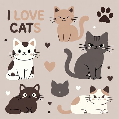 I Love Cats Cute Illustration