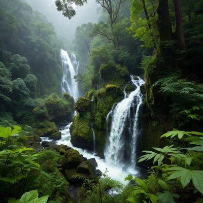 Majestic Waterfall in Misty Forest