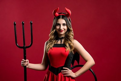 Woman in red devil costume with trident